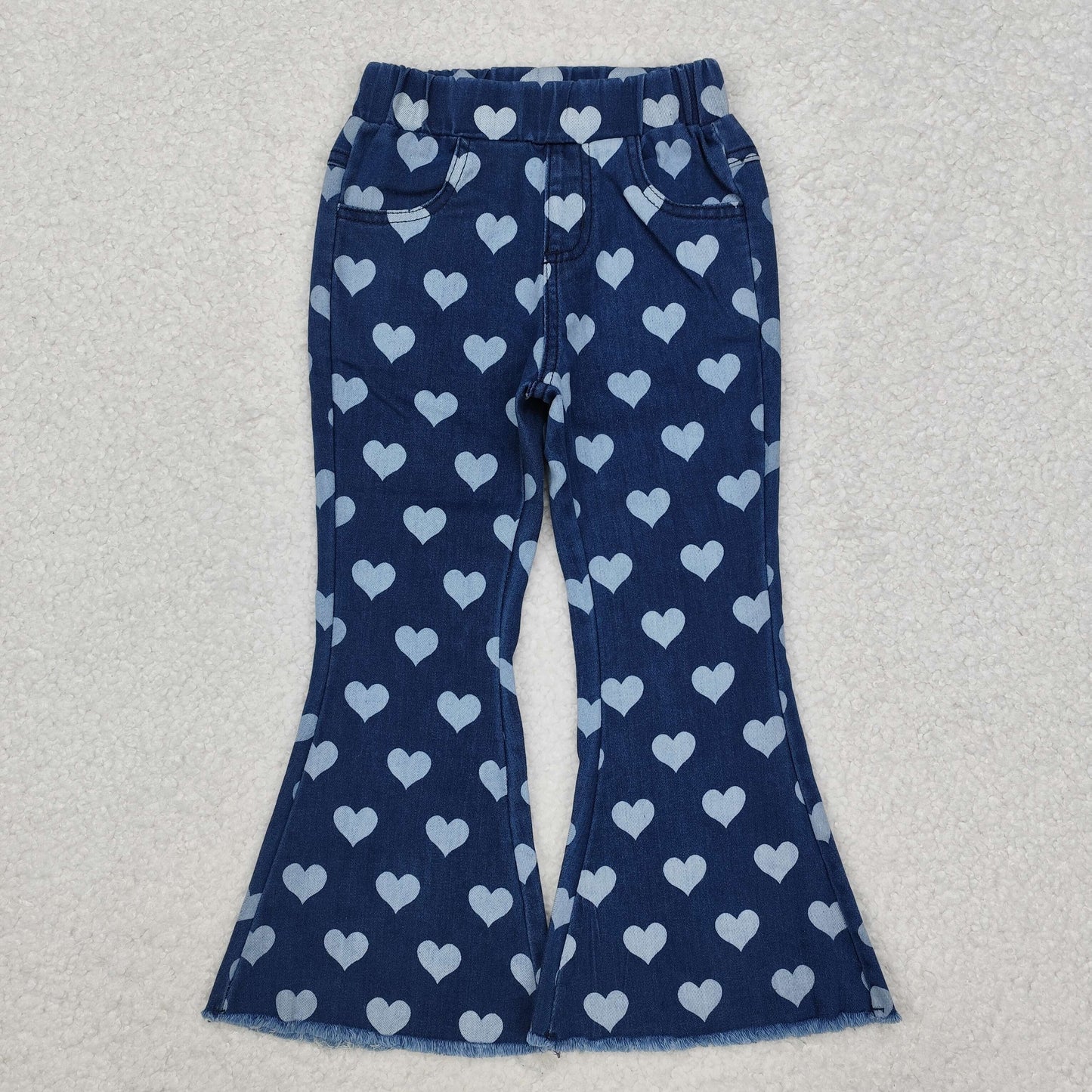 Sibling Baby Girls Hearts Flowers Bell Bottom Denim Pants Jeans