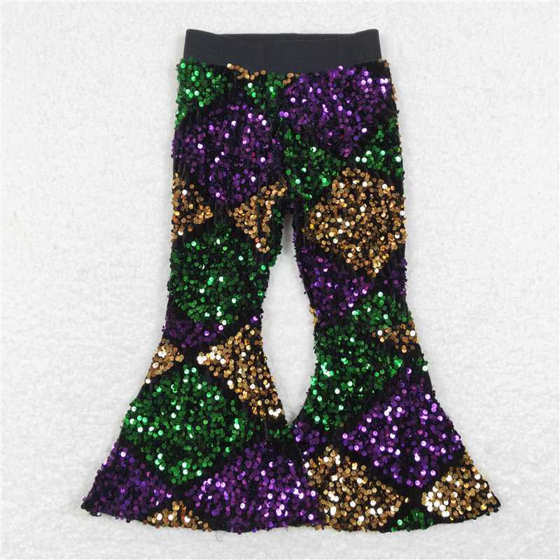 Sibling Baby Girls Mardigras Stripes Checked Flare Bell Bottom Pants
