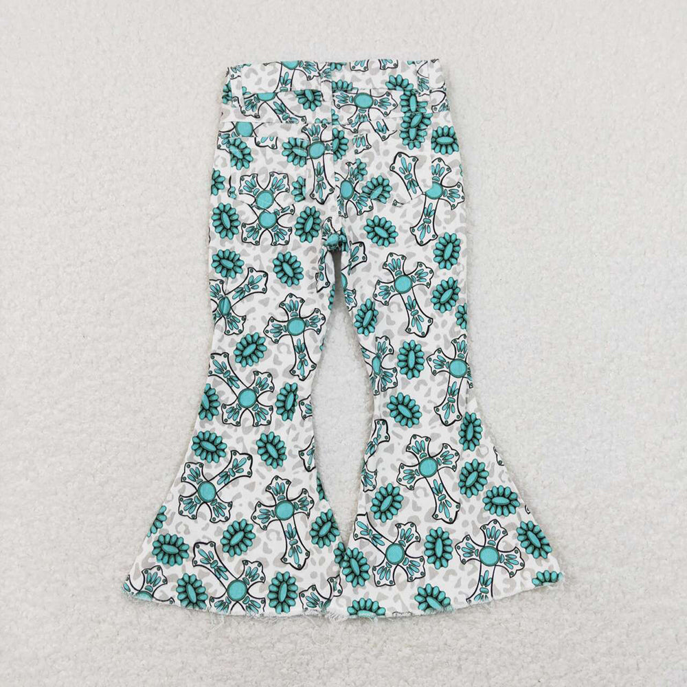 P0414 baby girl clothes cross turquoise easter bell bottom jeans