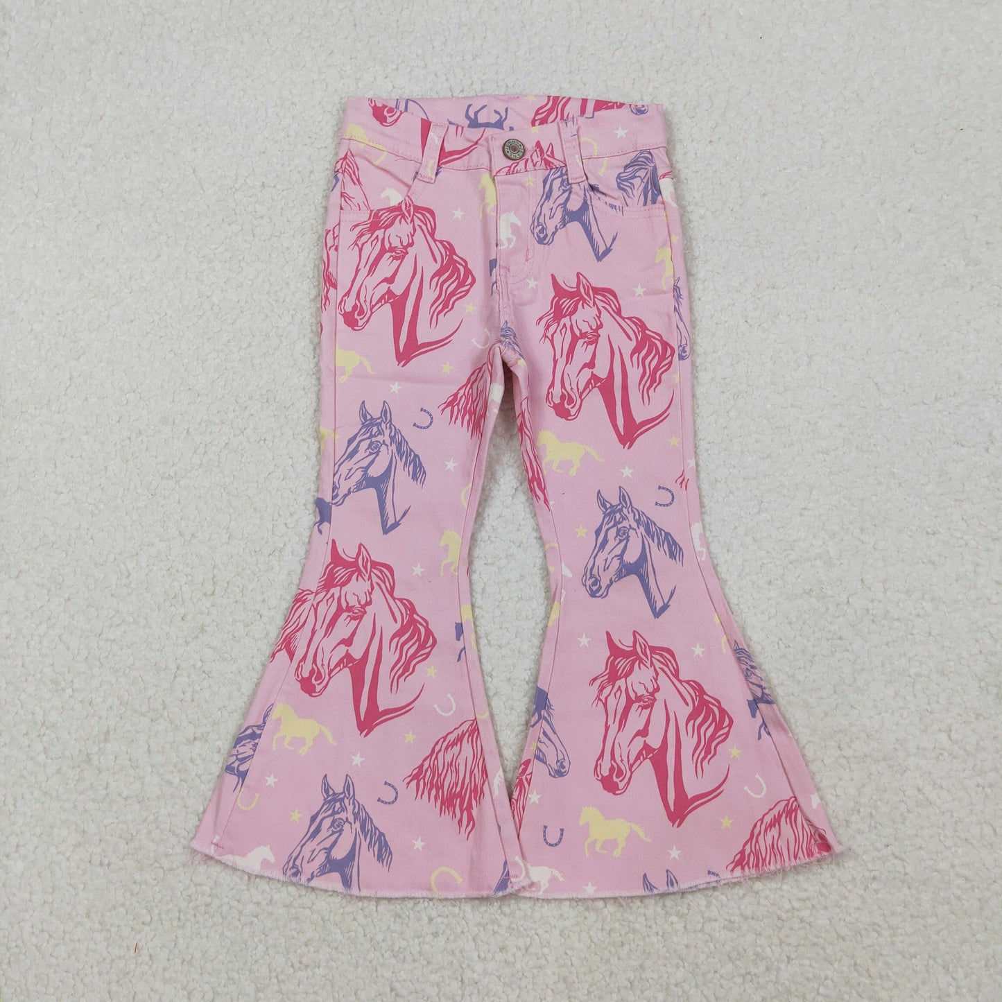 P0431 Baby Girls Stars Horses Western Pockets Denim Bell Bottom Jeans