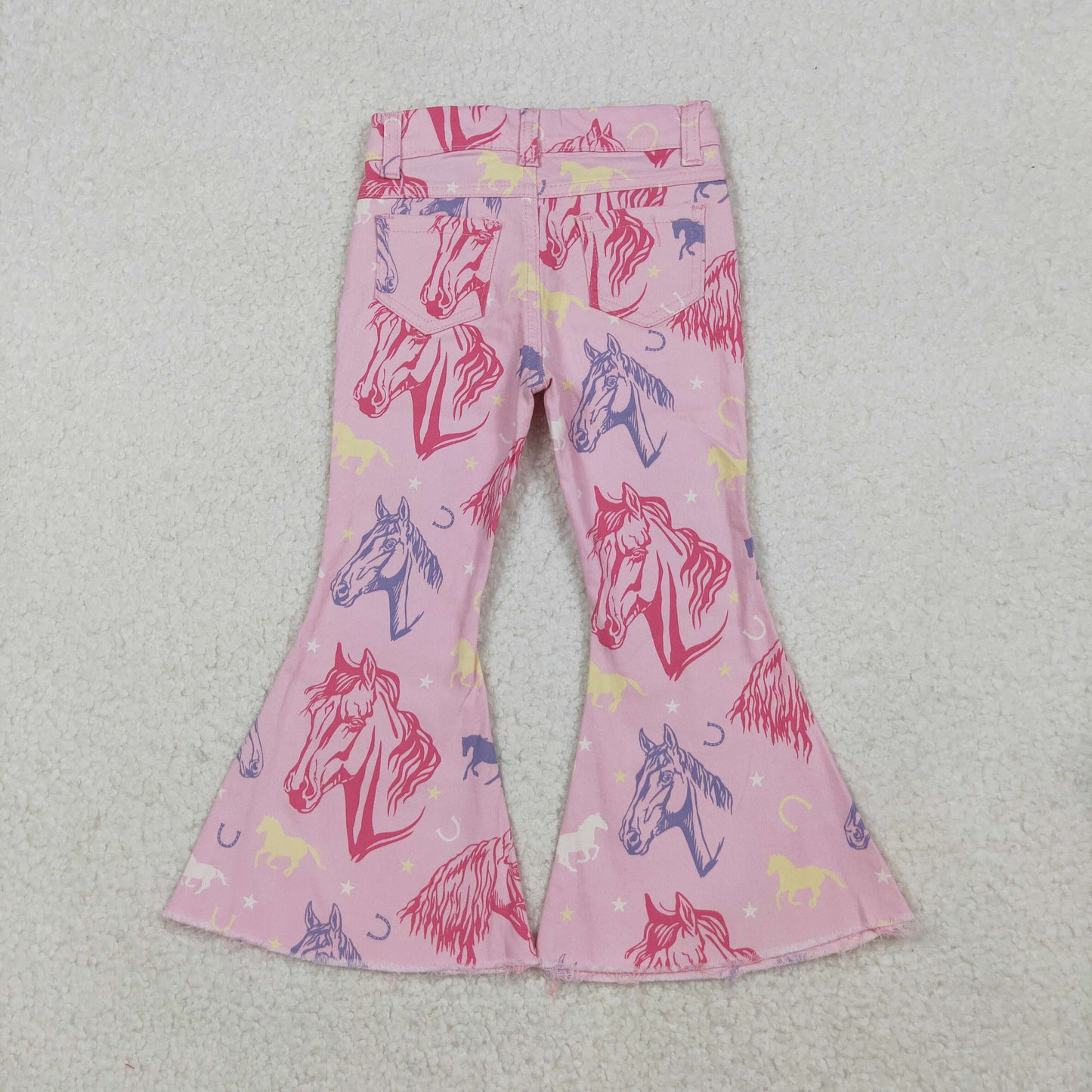 P0431 Baby Girls Stars Horses Western Pockets Denim Bell Bottom Jeans