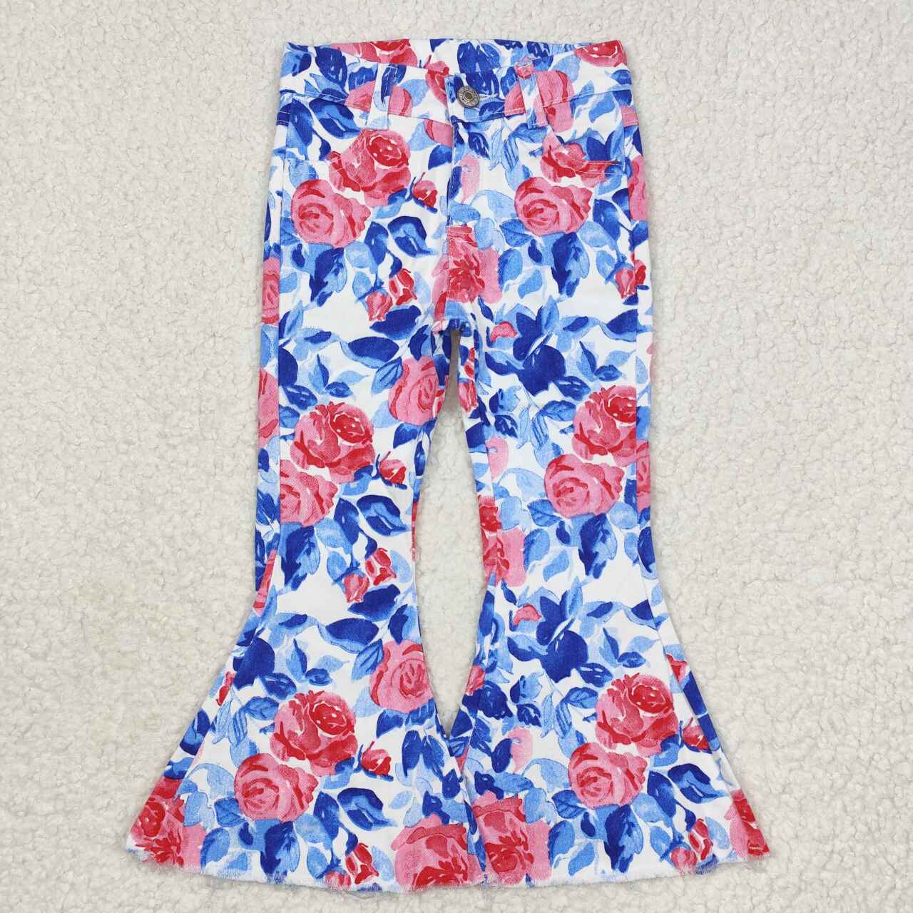 Sibling Baby Girls Hearts Flowers Bell Bottom Denim Pants Jeans