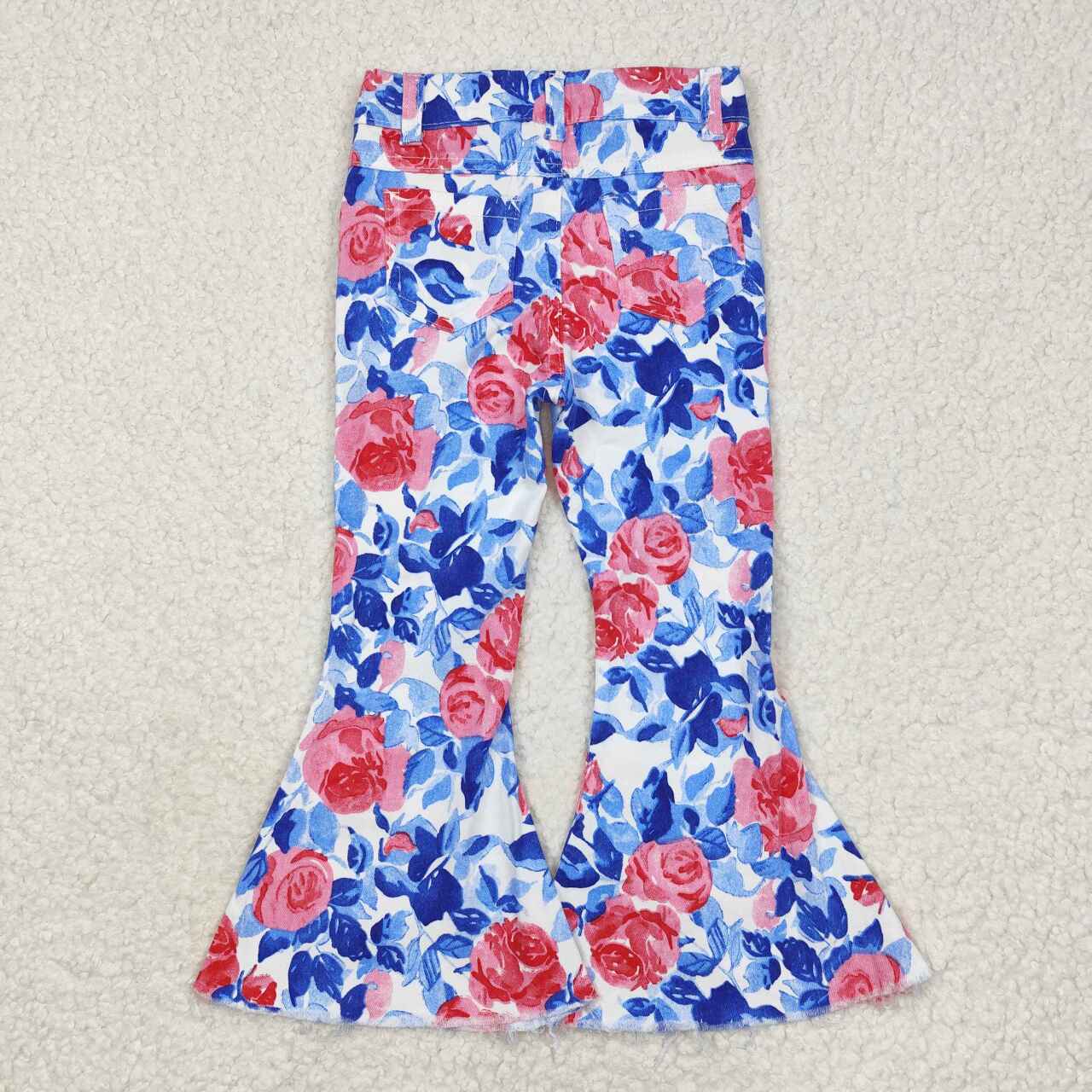 Sibling Baby Girls Hearts Flowers Bell Bottom Denim Pants Jeans