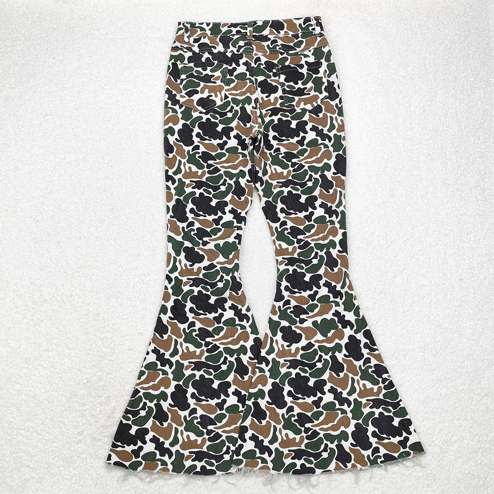 P0583  adult women green camouflage bell bottom denim jeans