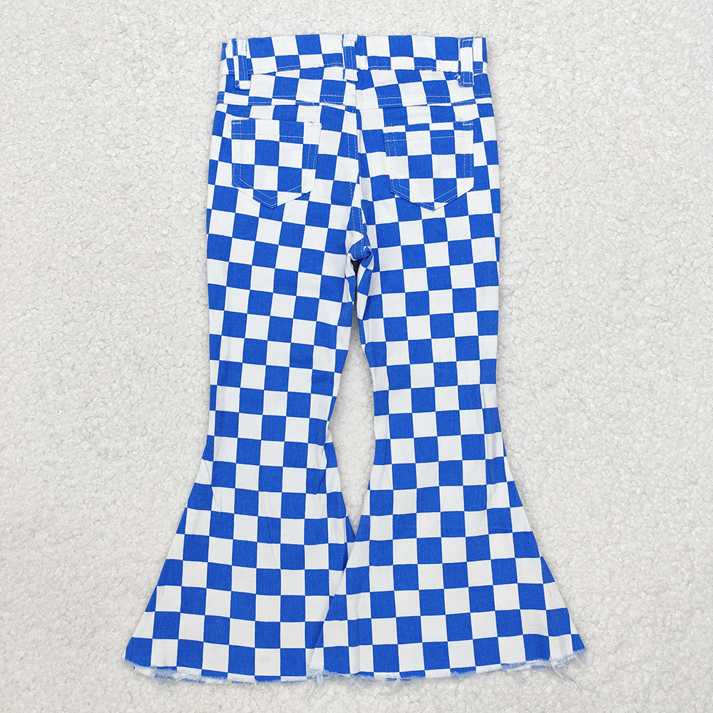 Girls Blue Checkered Bell Bottom Jeans