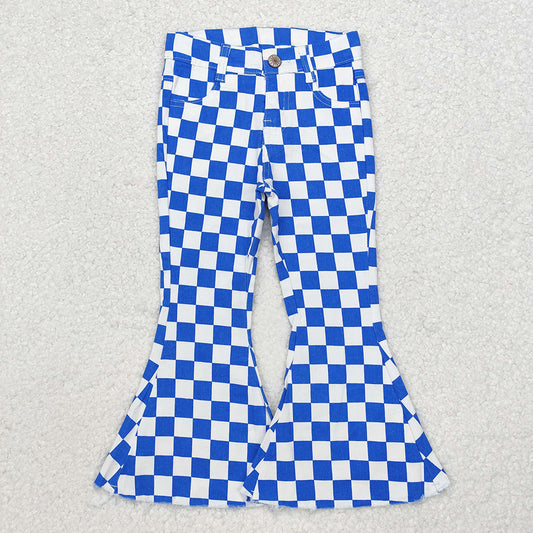 Girls Blue Checkered Bell Bottom Jeans