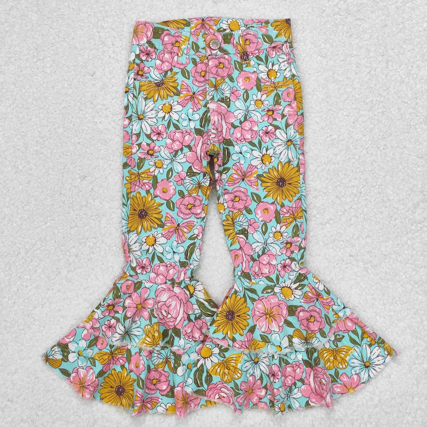 Sibling Baby Girls Leopard Camo Bell Bottom Denim Pants Jeans