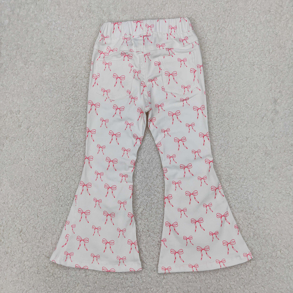 P0732  Baby Girls Pink Bows White Denim Bell Bottom Jeans Pants Bottom