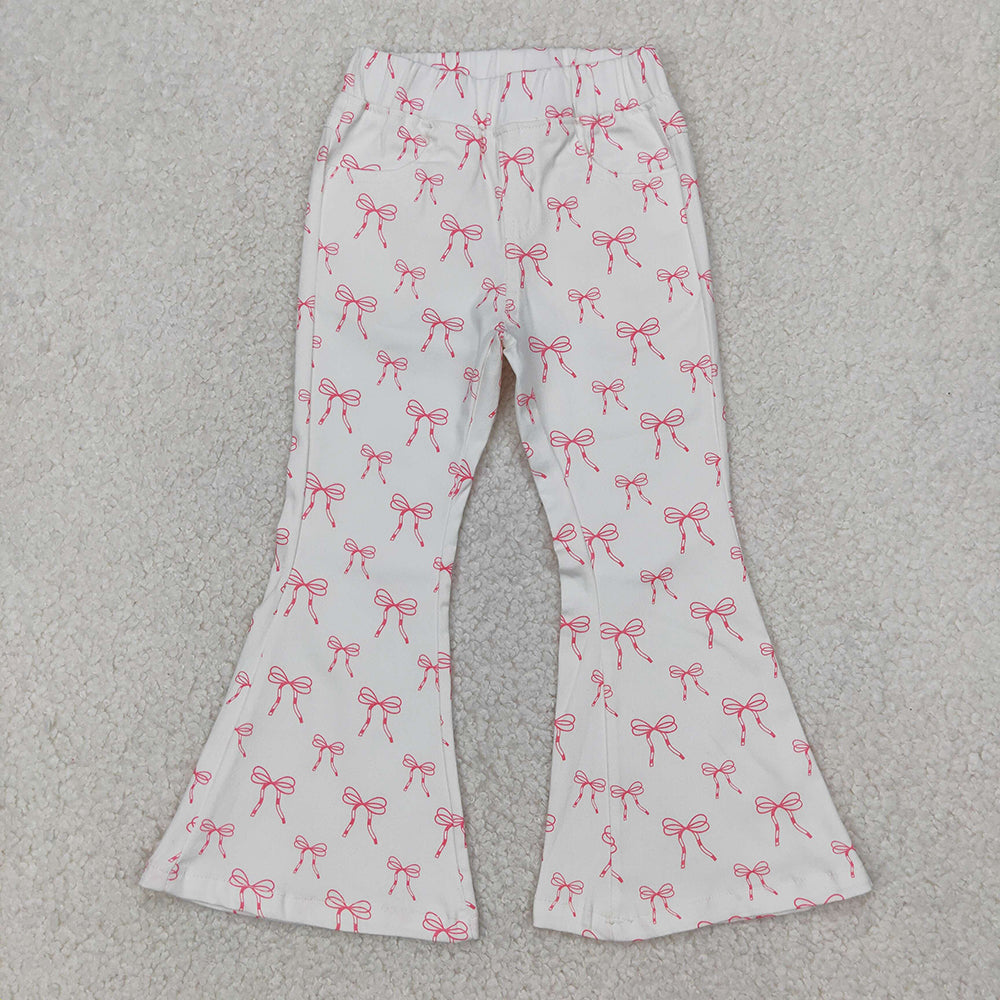 P0732  Baby Girls Pink Bows White Denim Bell Bottom Jeans Pants Bottom