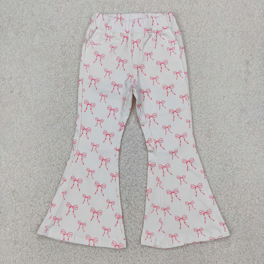 P0732  Baby Girls Pink Bows White Denim Bell Bottom Jeans Pants Bottom