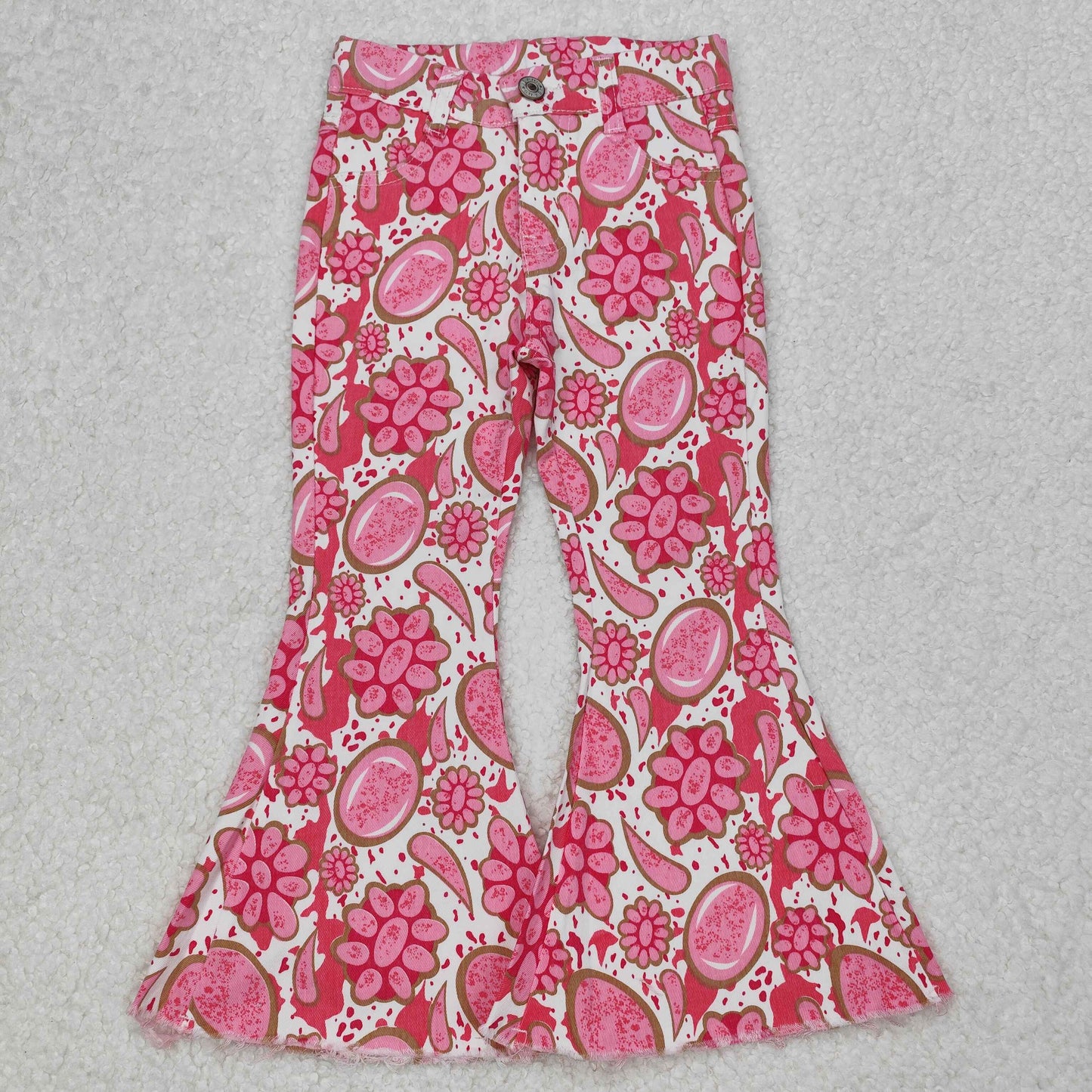 Sibling Baby Girls Hearts Flowers Bell Bottom Denim Pants Jeans