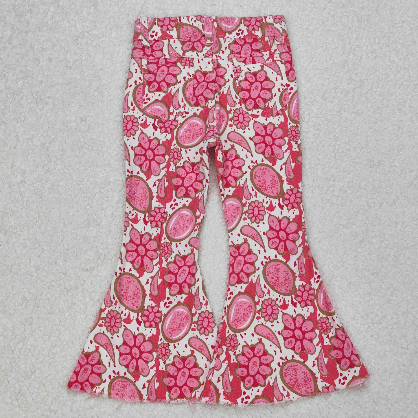 Sibling Baby Girls Hearts Flowers Bell Bottom Denim Pants Jeans