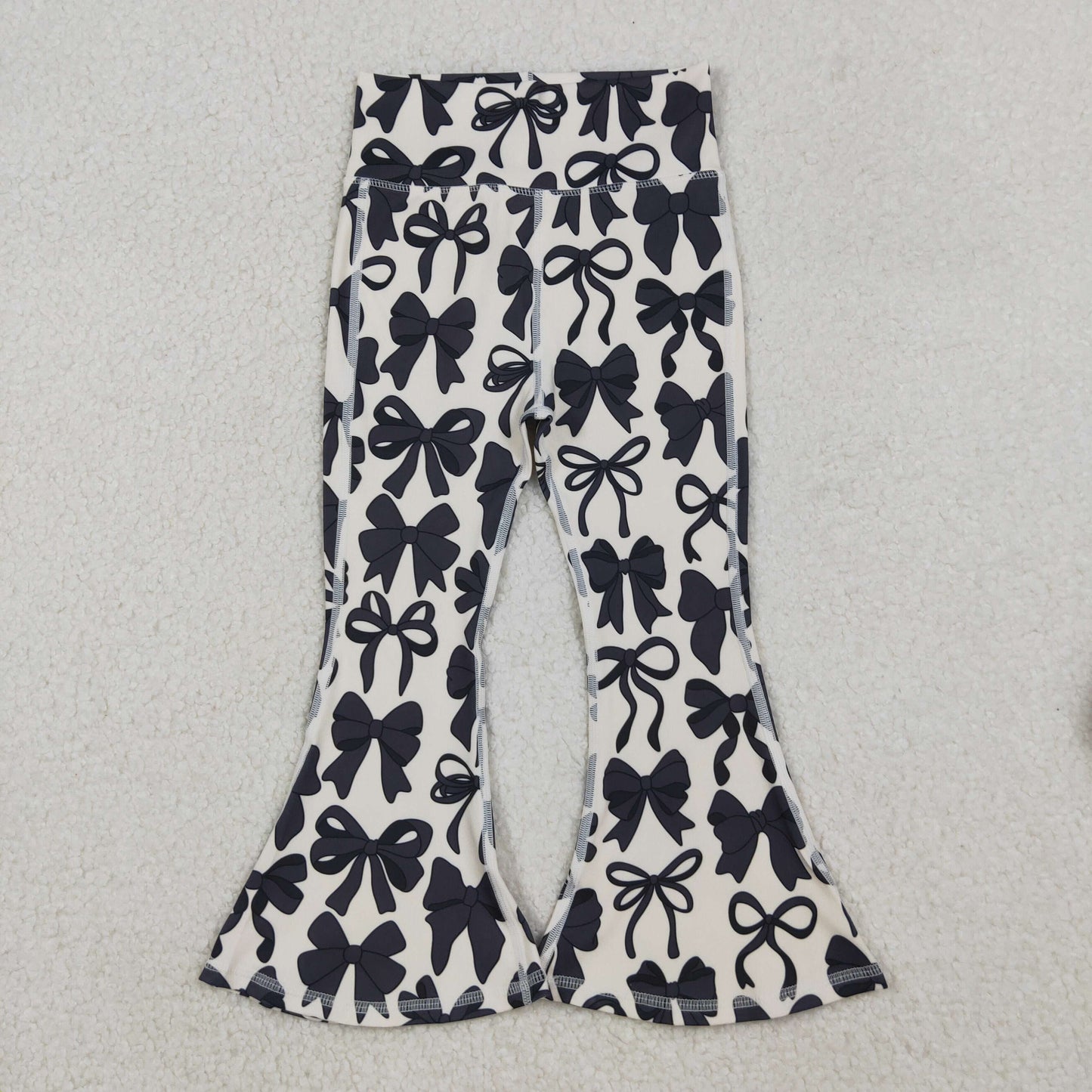 P0775 Baby Girls Black Bows Plaid Yoga Active Bell Bottom Pants
