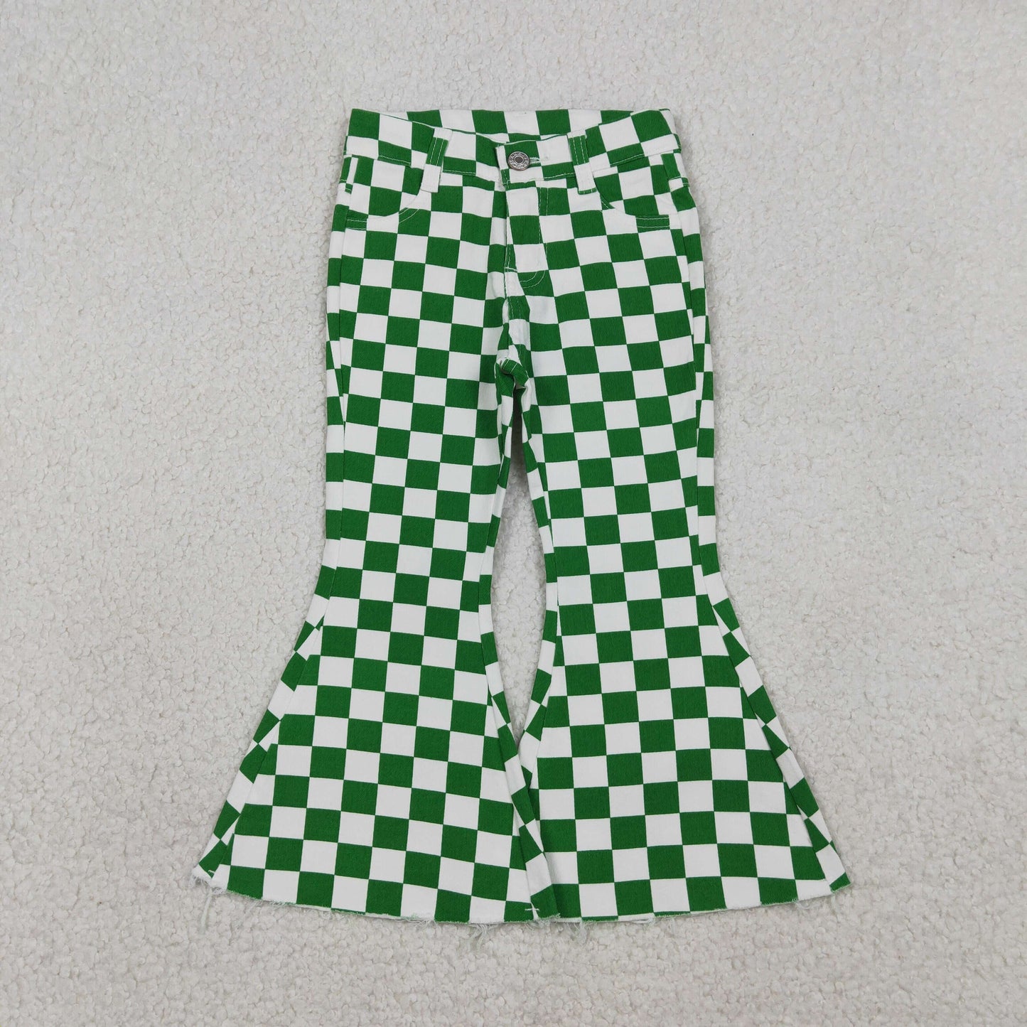 P0841 Baby Girls Green Checked Pockets St Patrick Denim Bell Bottom Jeans Pants Bottom