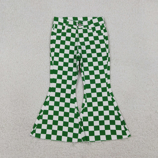 P0841 Baby Girls Green Checked Pockets St Patrick Denim Bell Bottom Jeans Pants Bottom