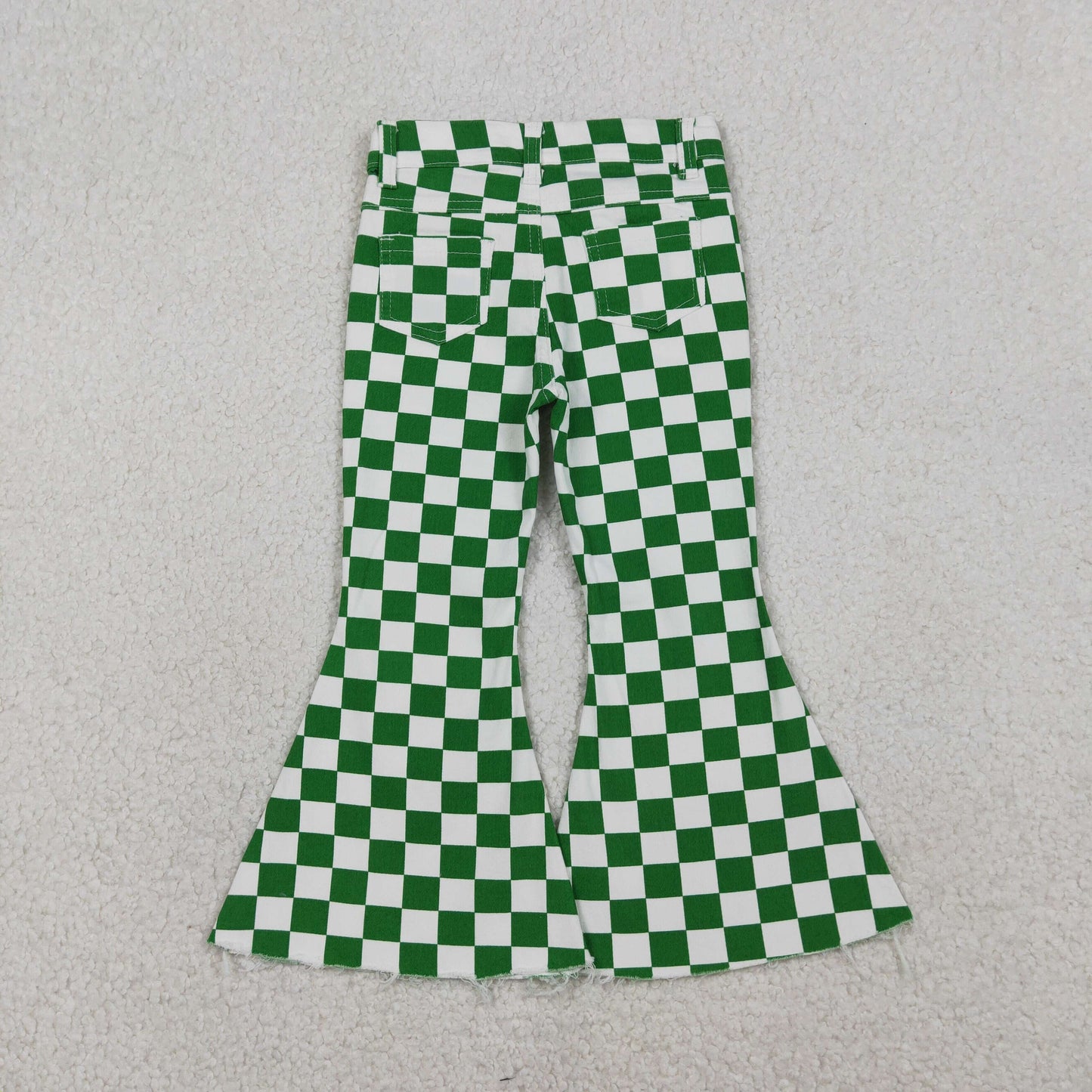 P0841 Baby Girls Green Checked Pockets St Patrick Denim Bell Bottom Jeans Pants Bottom