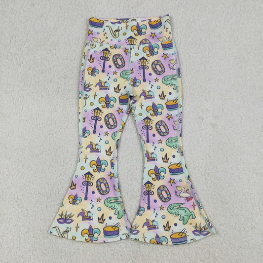 P0938 Baby Girls Mardigras Anchors Crowns Yoga Active Bell Bottom Pants