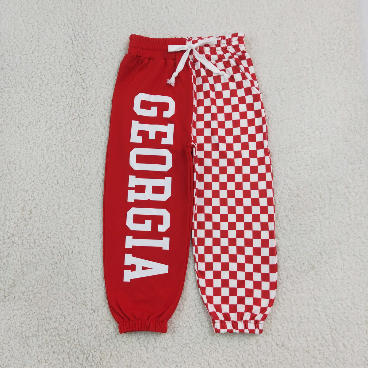 P1063 Baby Boys Red Checked Vinyl Georgia Team Pockets Joggers Bottom