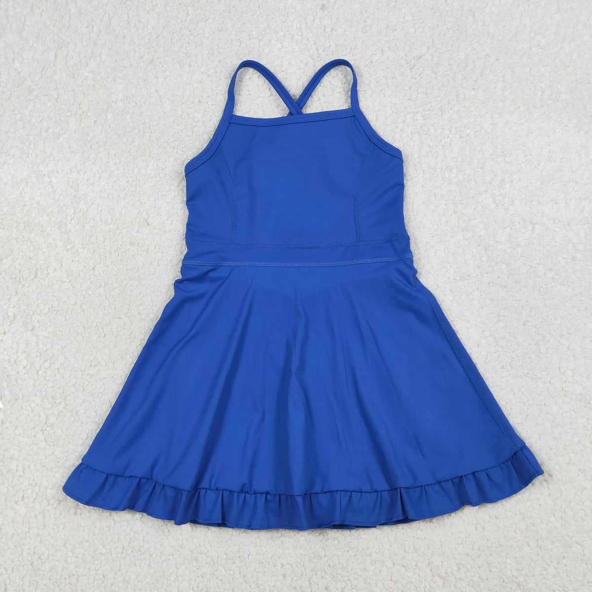 S0551 Baby Girls Hot Blue Strap Yoga Active Short Ruffle Knee Length Dress
