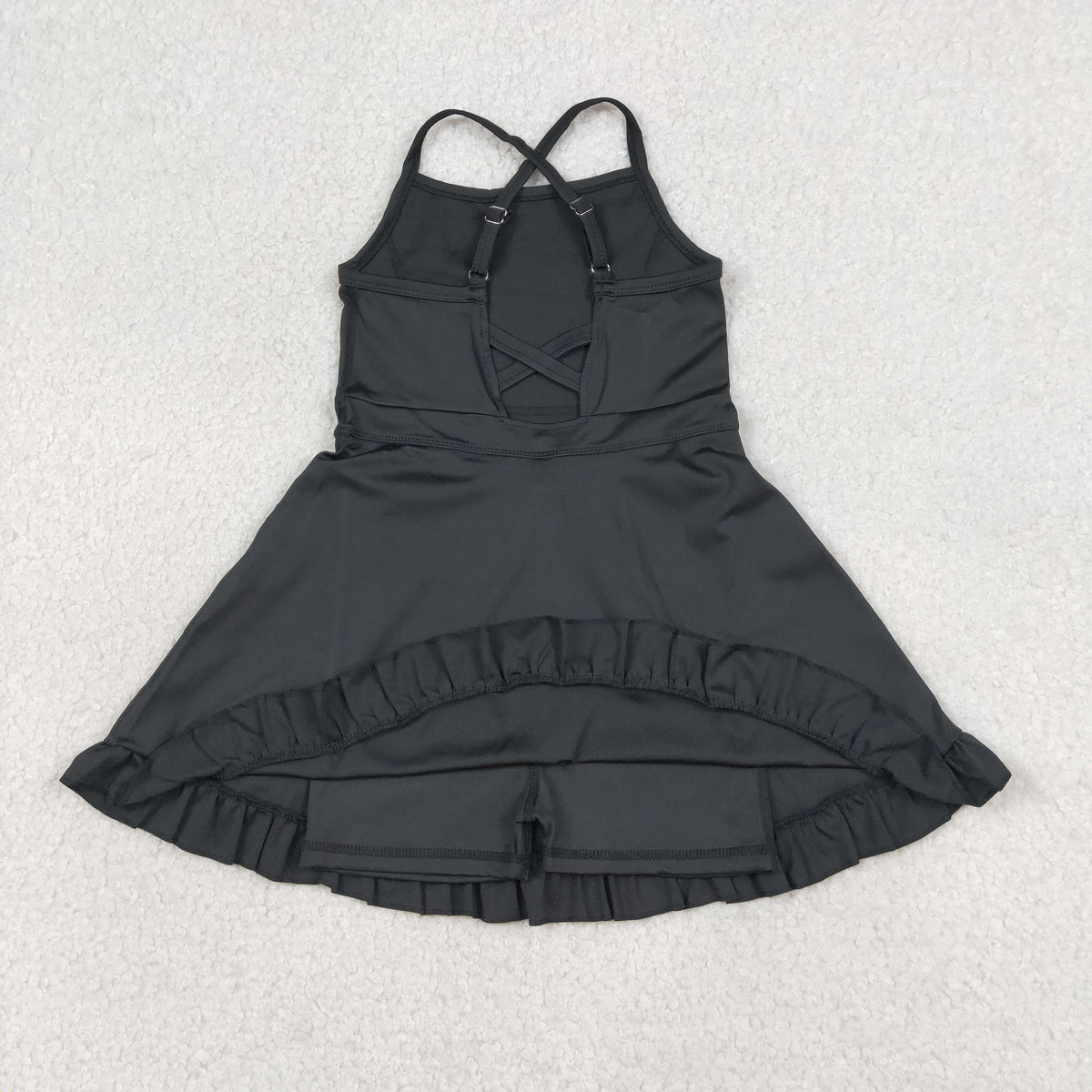 S0552 Baby Girls Black Strap Yoga Active Short Ruffle Knee Length Dress