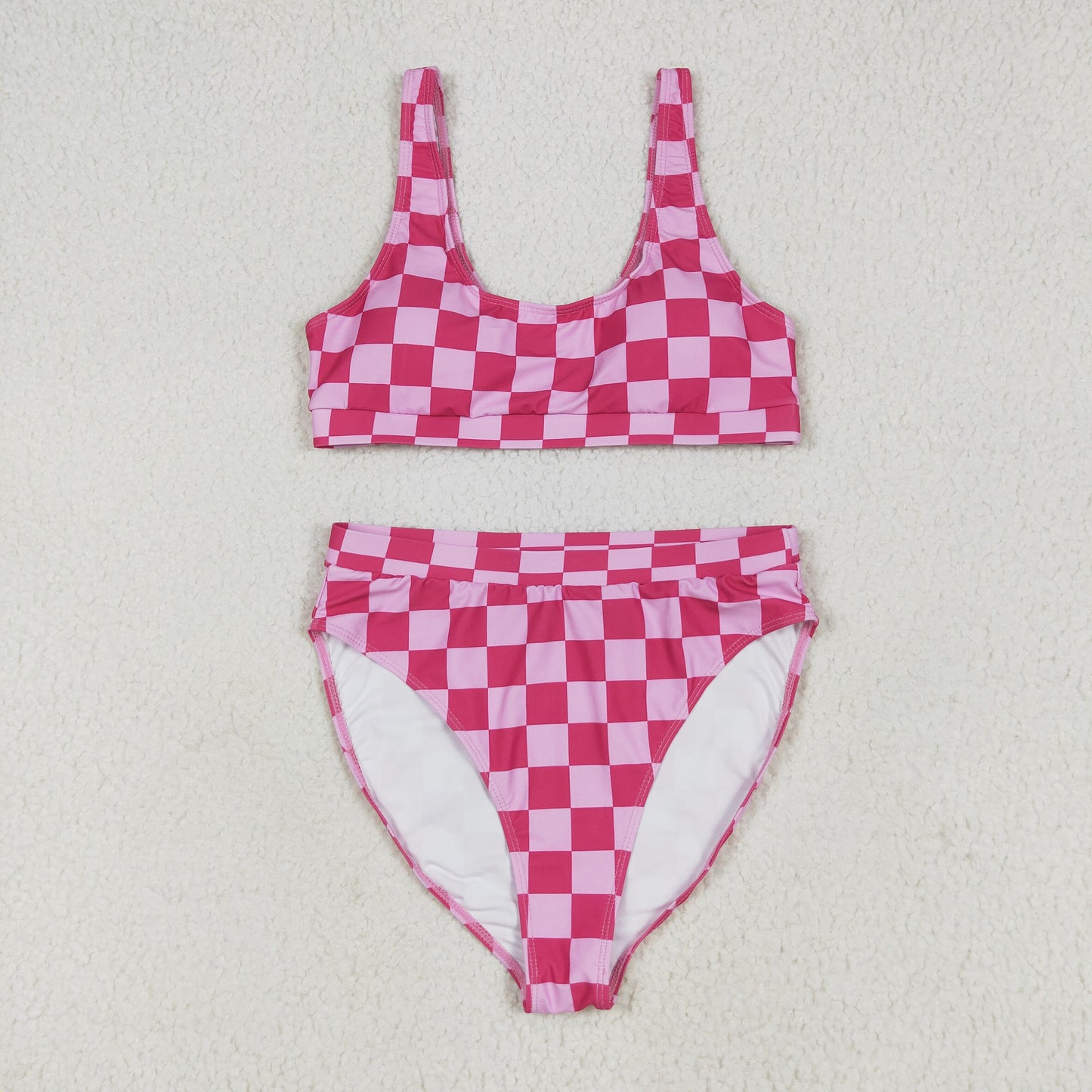 S0559 Adult Women Pink Checked Bra Top Bummies Short Swimsuits