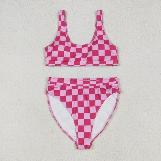 S0559 Adult Women Pink Checked Bra Top Bummies Short Swimsuits