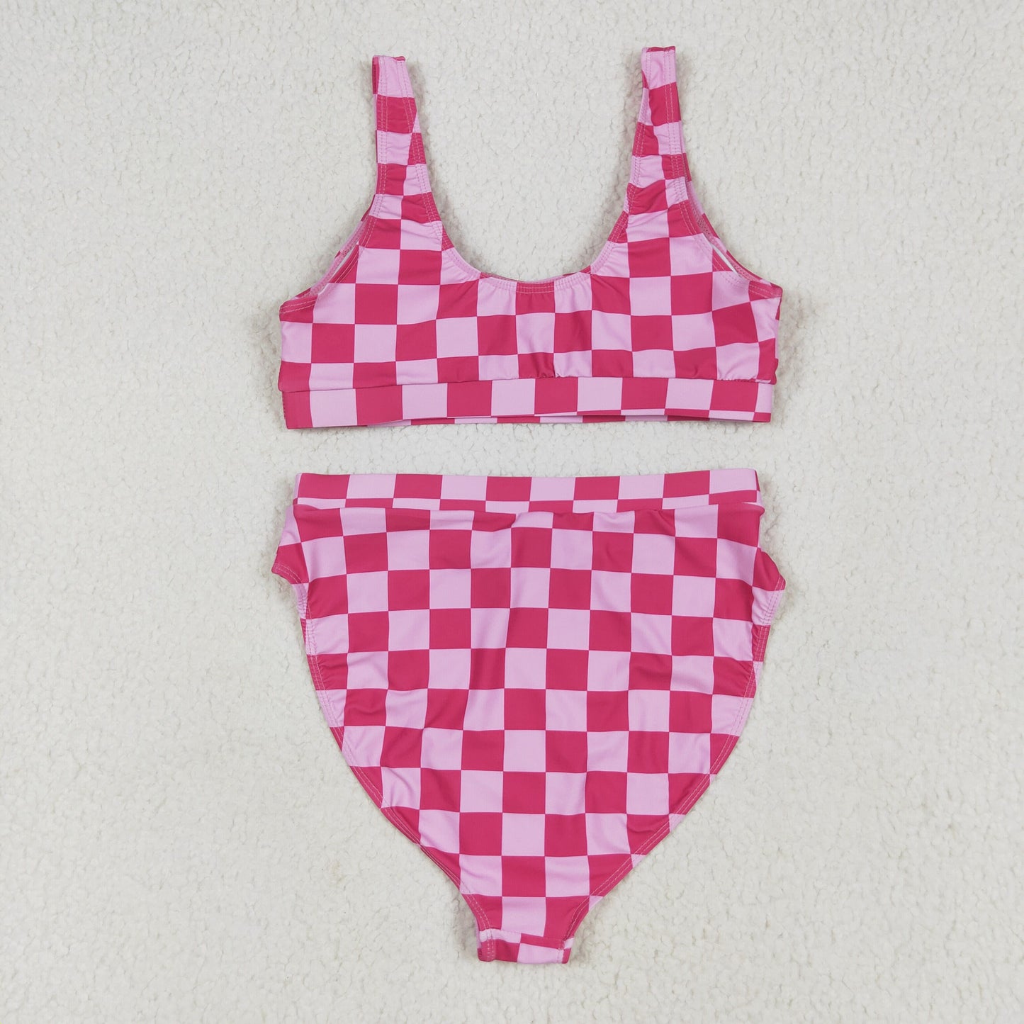 S0559 Adult Women Pink Checked Bra Top Bummies Short Swimsuits