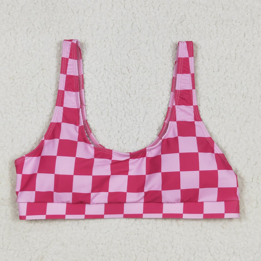 S0560 Adult Women Pink Checked Swimming Bra Tops