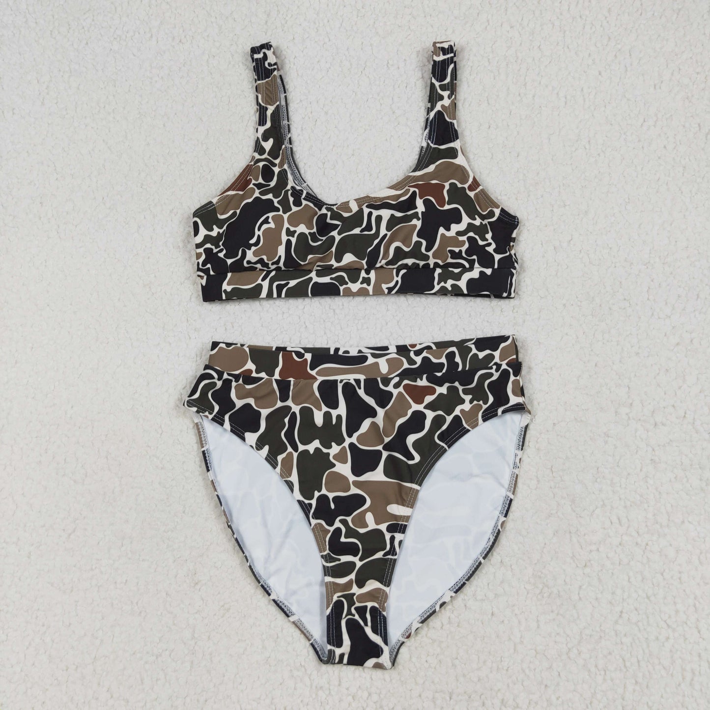 S0565 Adult Women Southern Dark Brown Camo Bra Top Bummies Short Swimsuits