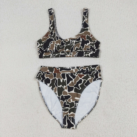 S0565 Adult Women Southern Dark Brown Camo Bra Top Bummies Short Swimsuits
