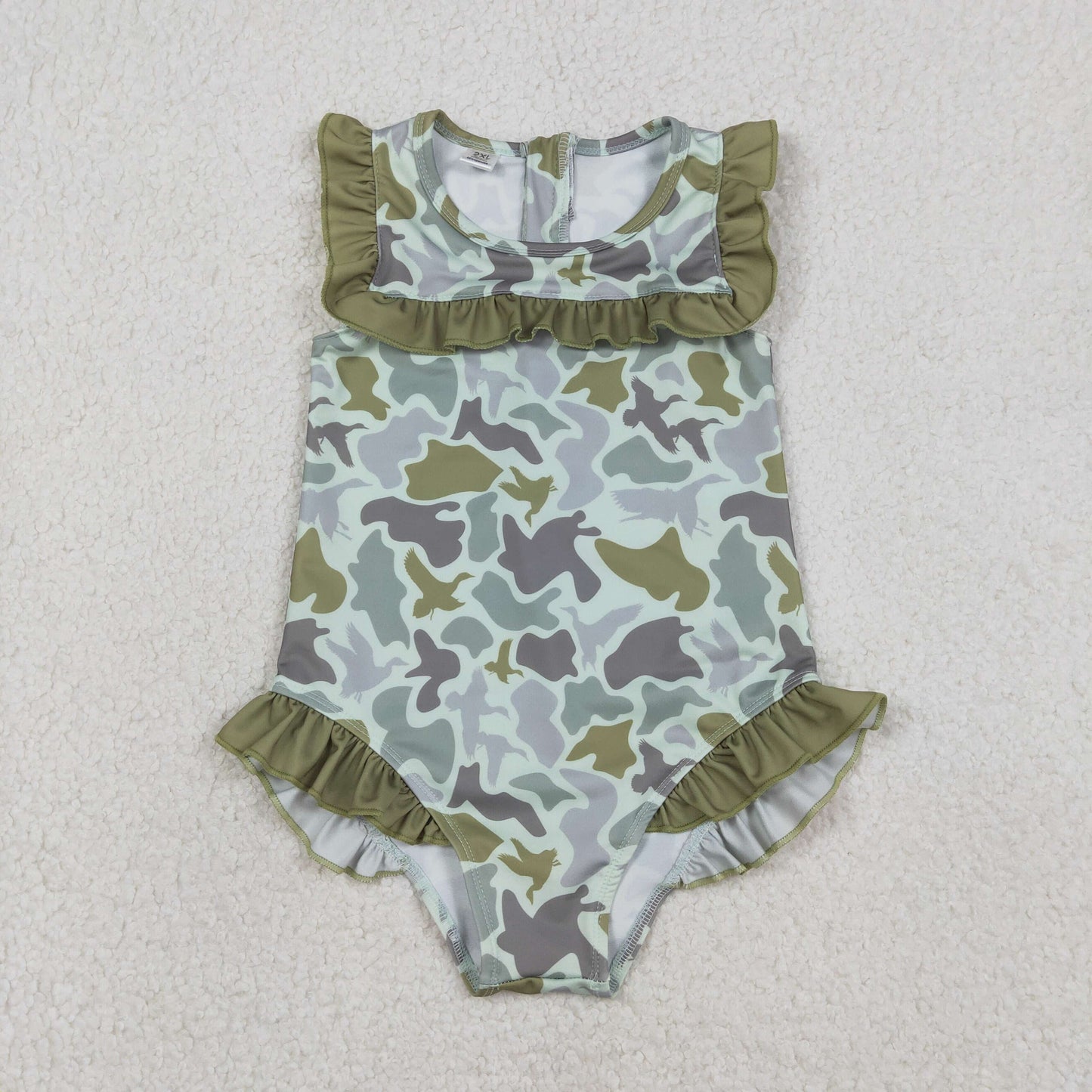 S0596 Baby Girls Sleeveless Southern Hunting Green Ducks Camo Ruffle Swimsuits