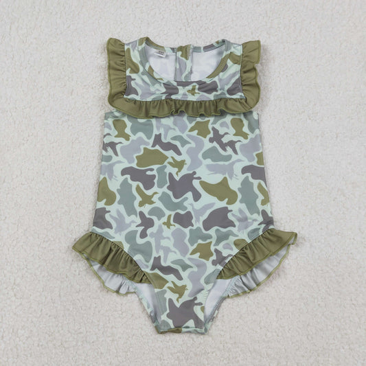 S0596 Baby Girls Sleeveless Southern Hunting Green Ducks Camo Ruffle Swimsuits