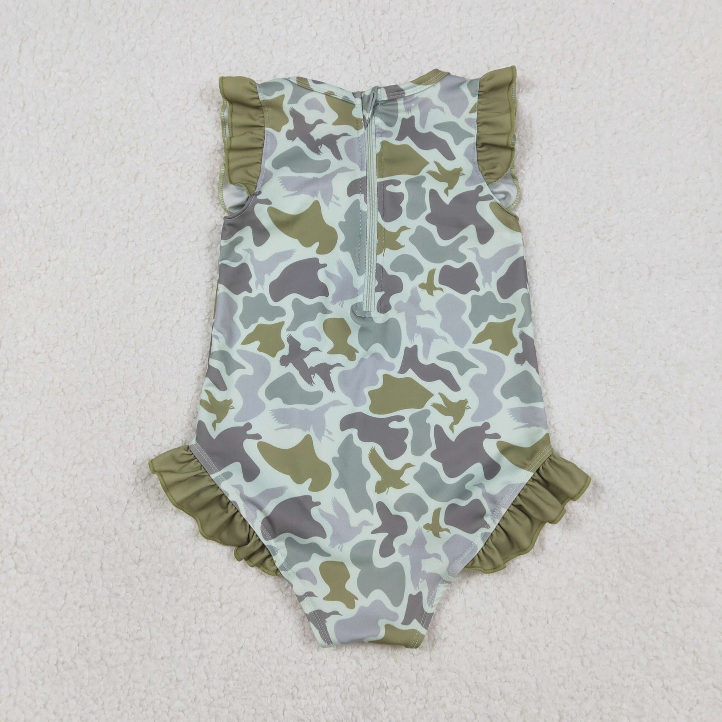 S0596 Baby Girls Sleeveless Southern Hunting Green Ducks Camo Ruffle Swimsuits