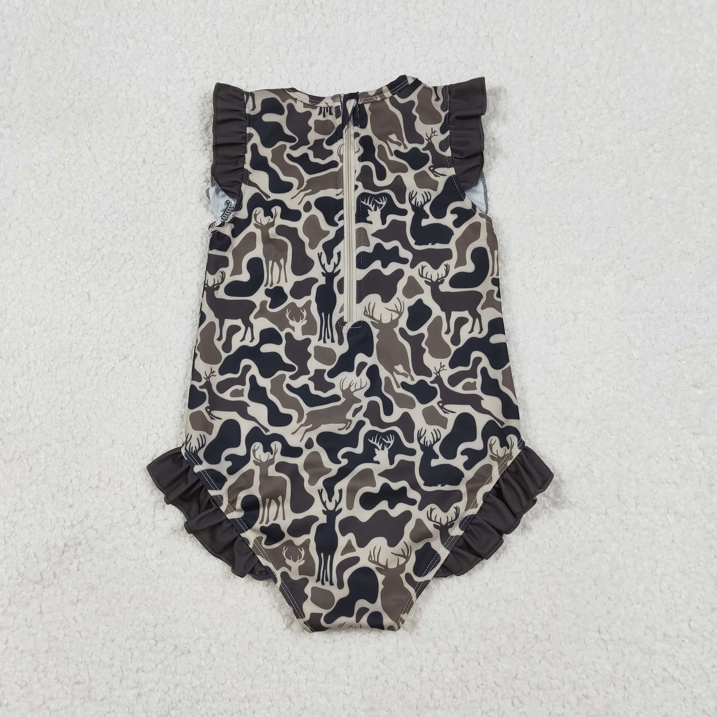 S0597 Baby Girls Sleeveless Southern Hunting Brown Deer Camo Ruffle Swimsuits