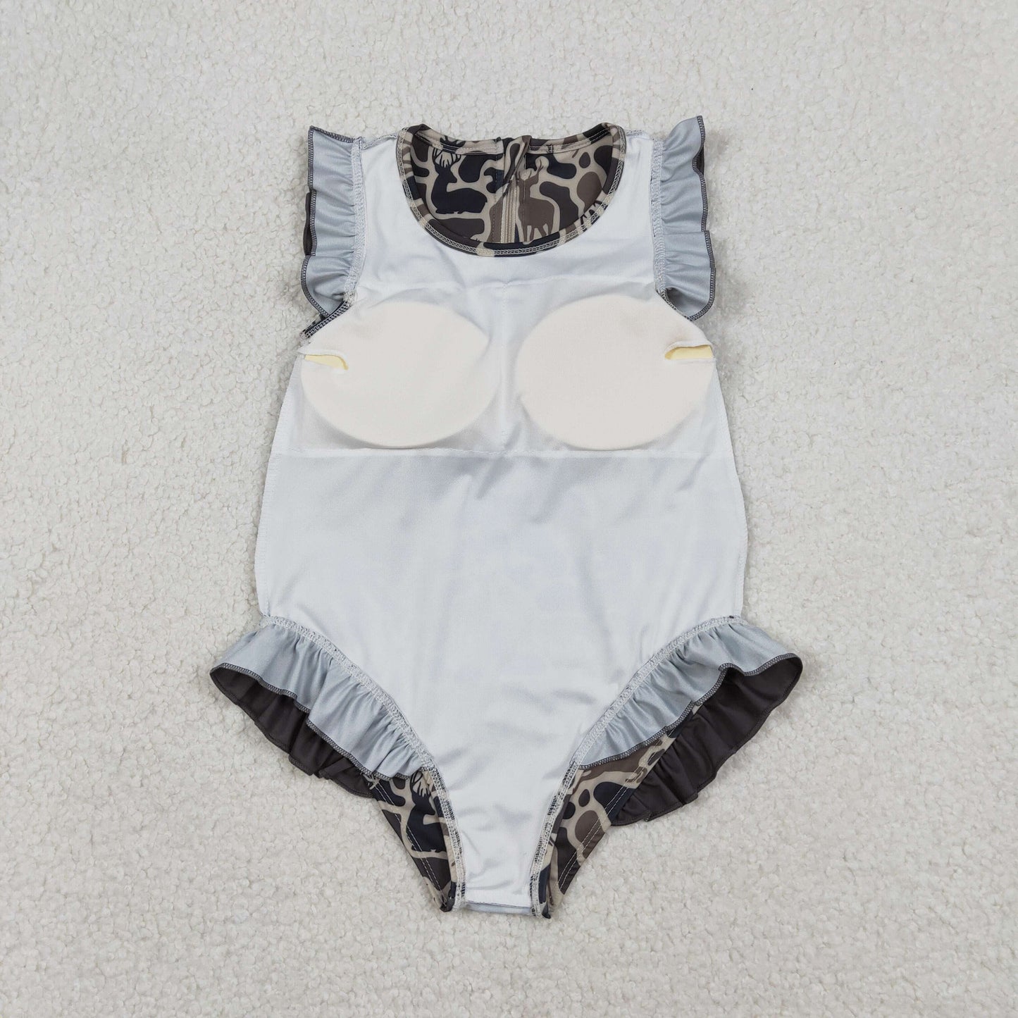 S0597 Baby Girls Sleeveless Southern Hunting Brown Deer Camo Ruffle Swimsuits