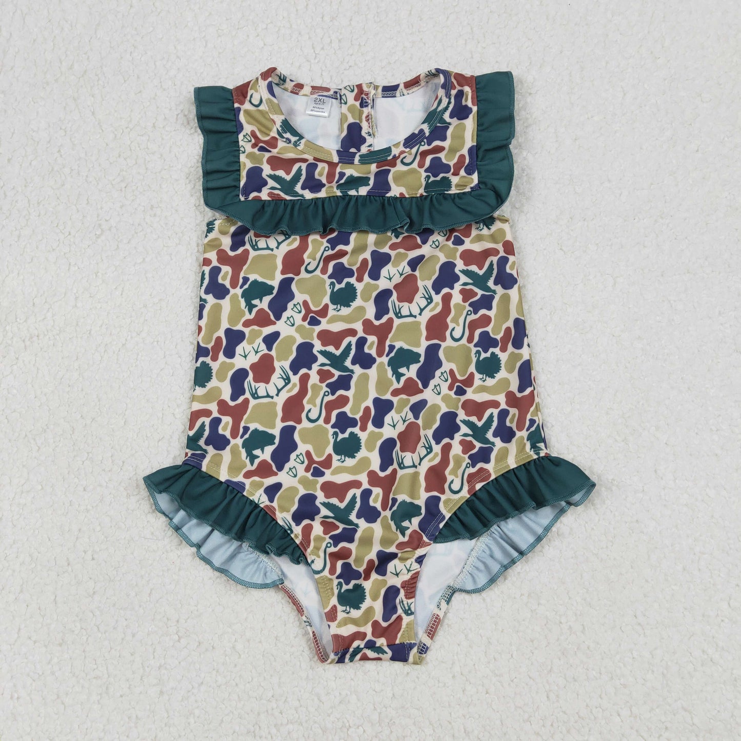 S0598 Baby Girls Sleeveless Southern Hunting Dogs Deer Camo Ruffle Swimsuits