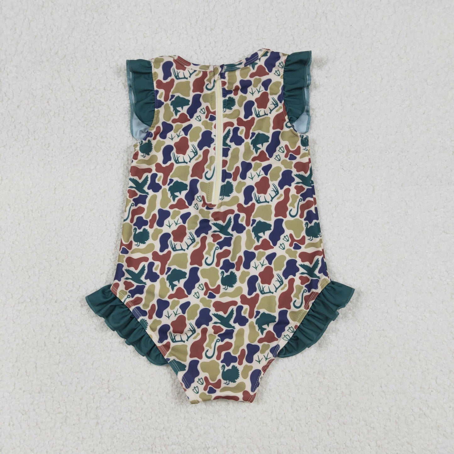 S0598 Baby Girls Sleeveless Southern Hunting Dogs Deer Camo Ruffle Swimsuits