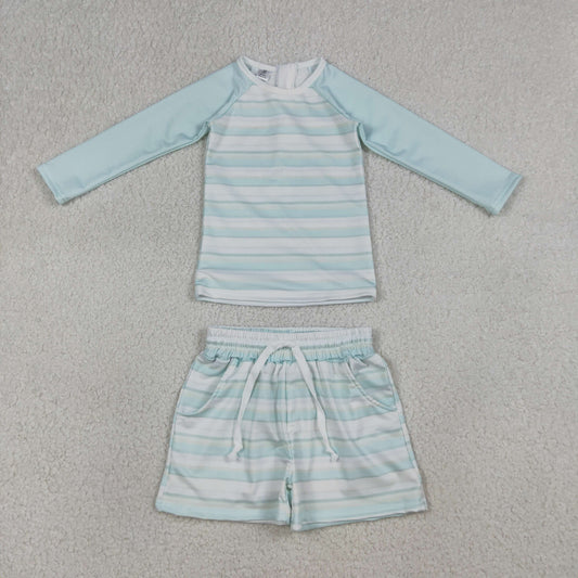 S0649 Baby Kids Long Sleeve Light Blue Stripe Shirts Top Pcokets Short Swimsuits