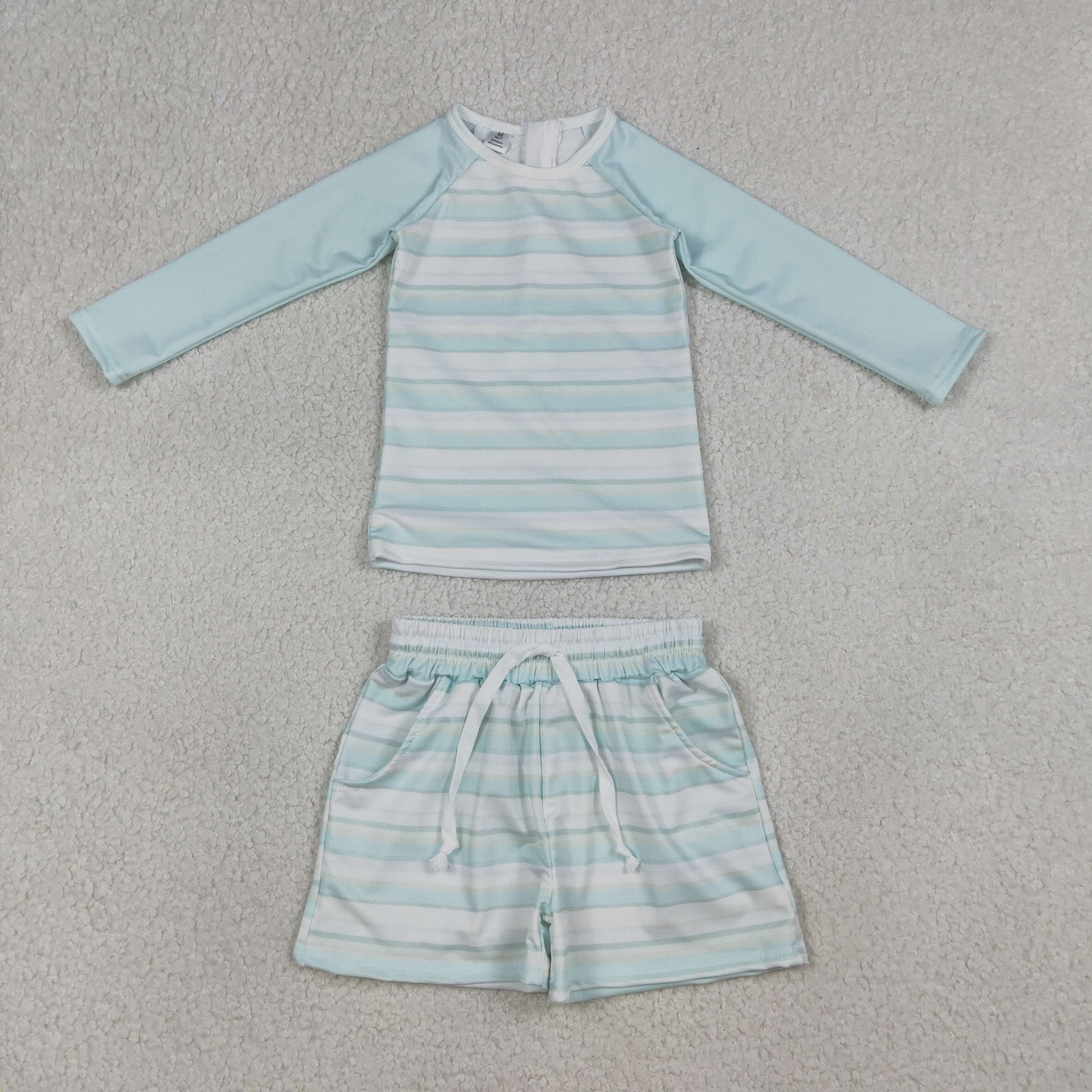 Sibling Baby Boys Light Blue Stripe Long Sleeve Top Short Back Zip Swimsuits