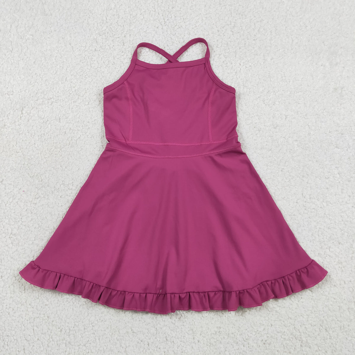S0778 Baby Girls Maroon Strap Yoga Active Short Ruffle Knee Length Dress
