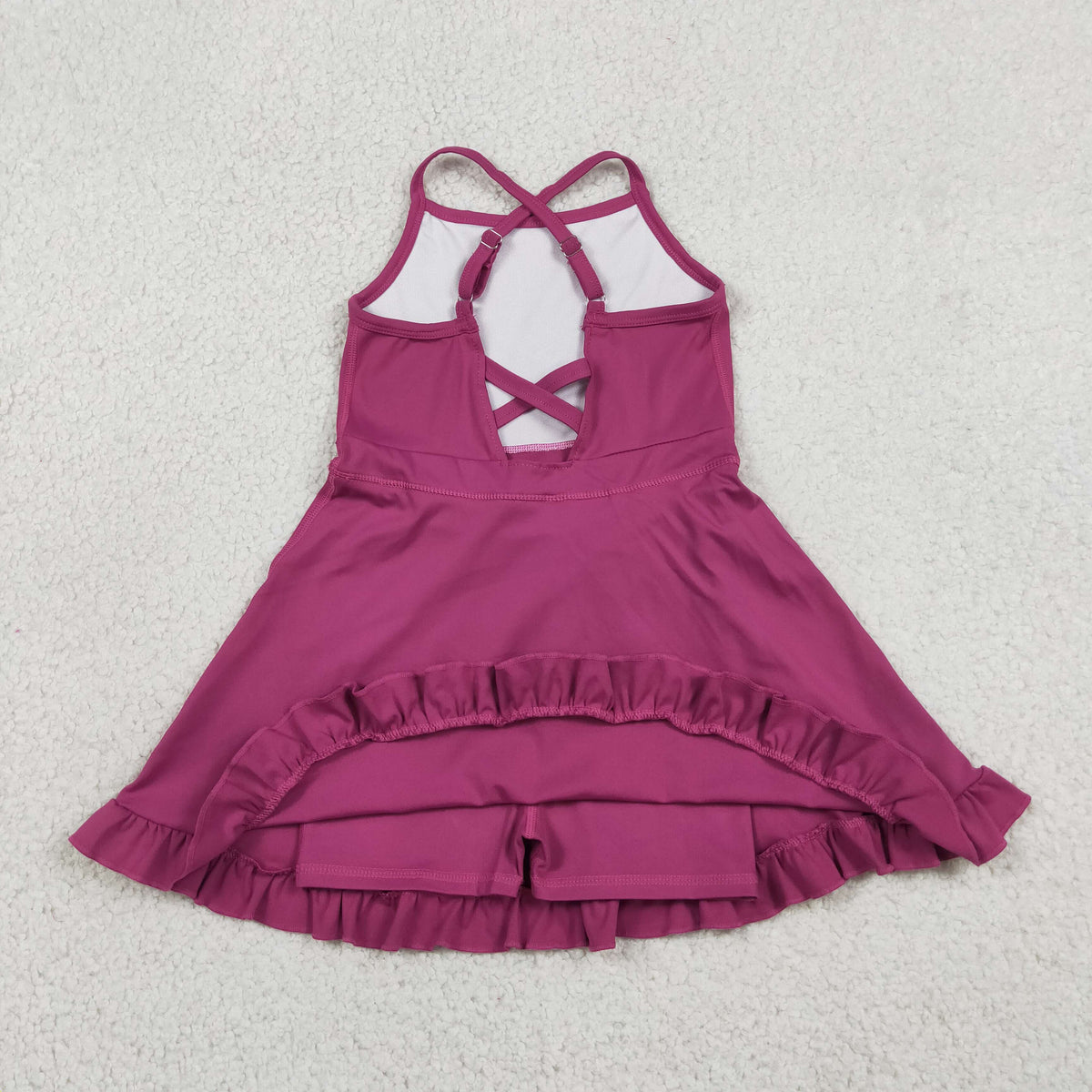 S0778 Baby Girls Maroon Strap Yoga Active Short Ruffle Knee Length Dress