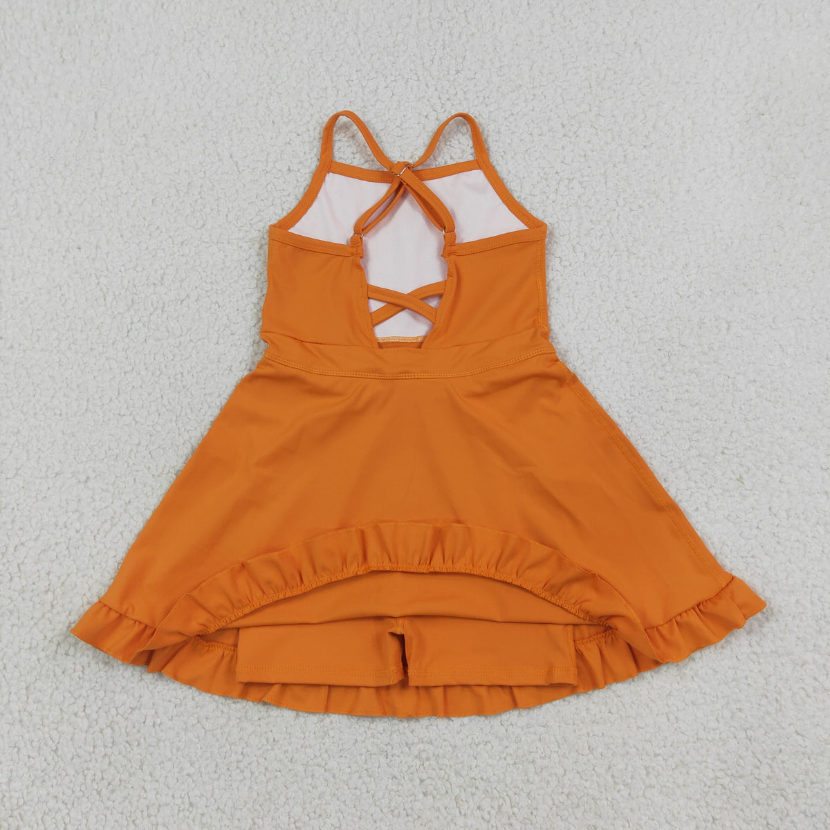 S0780 Baby Girls Orange Strap Yoga Active Short Ruffle Knee Length Dress