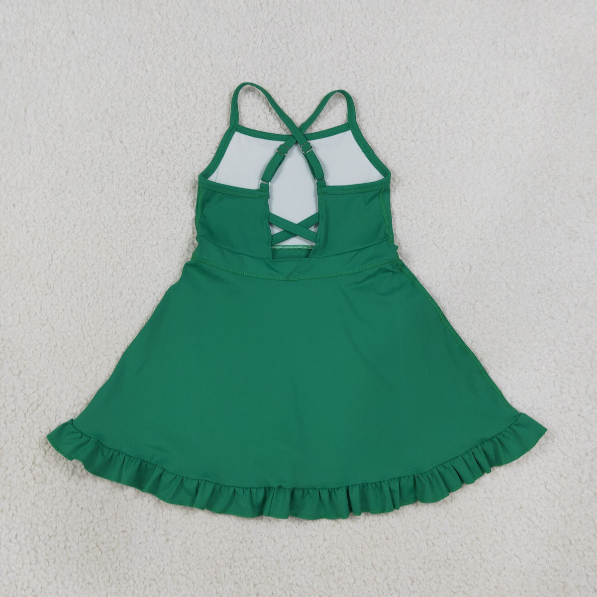 S0782 Baby Girls Dark Green Strap Yoga Active Short Ruffle Knee Length Dress