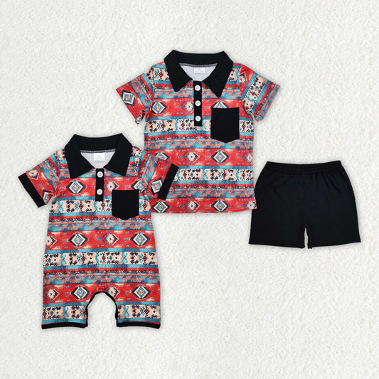 Sibling Baby Boys Western Aztec Black Rompers Clothes Sets