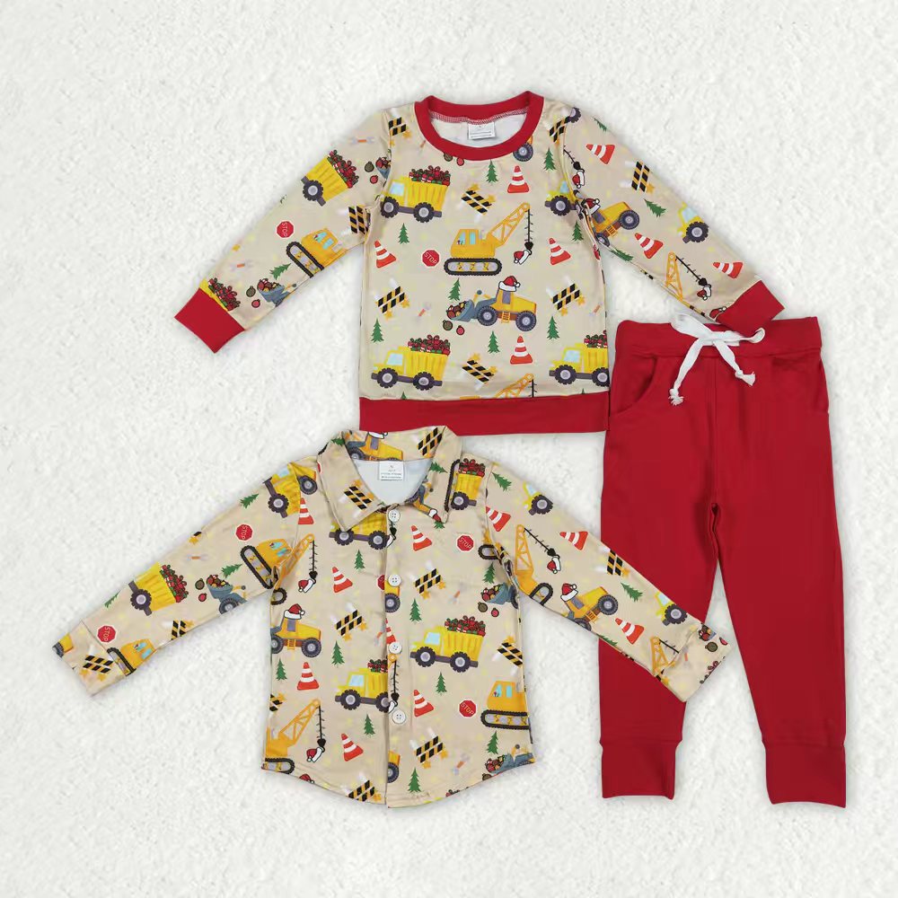 Sibling Baby Boys Christmas Excavators Buttons Shirts Outfits Sets