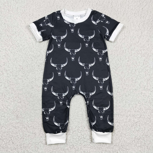 SR0142 Baby boys black cows western short sleeve rompers