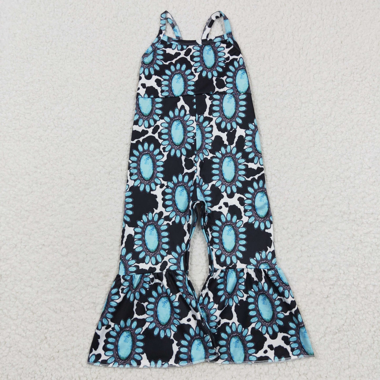 Sibling Baby Girls Strap Turquoise Cow Print Bows Bell Bottom Jumpsuits