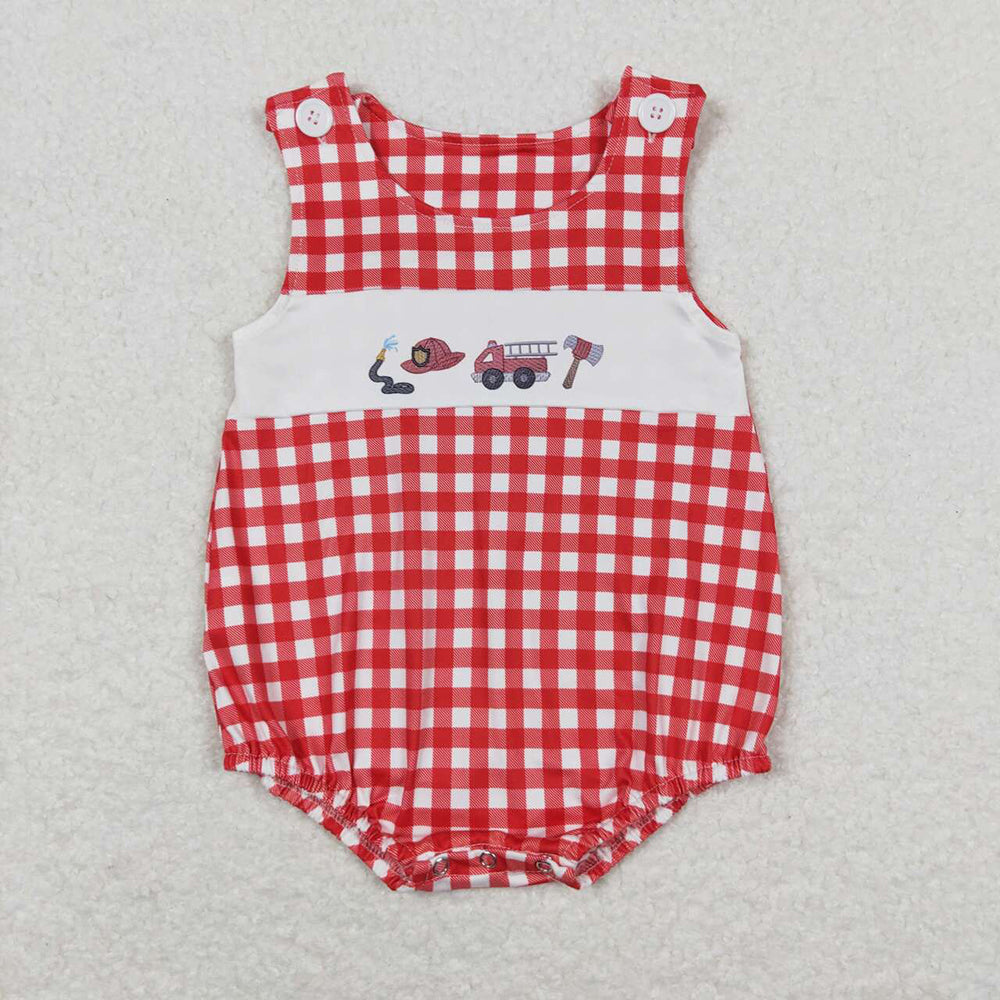 SR1174 baby boy clothes embroidery Red checkered tool toddler summer bubble