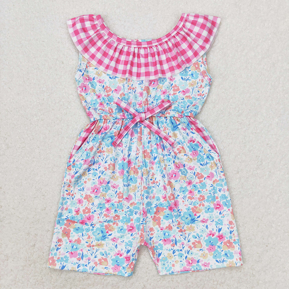 SR1244 baby girls pink checkered flowers pockets summer jumpsuits