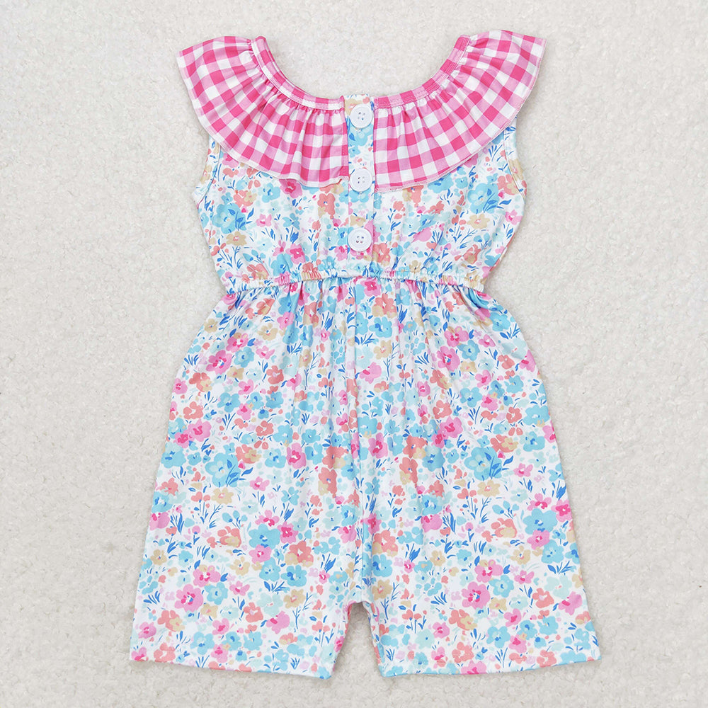 SR1244 baby girls pink checkered flowers pockets summer jumpsuits